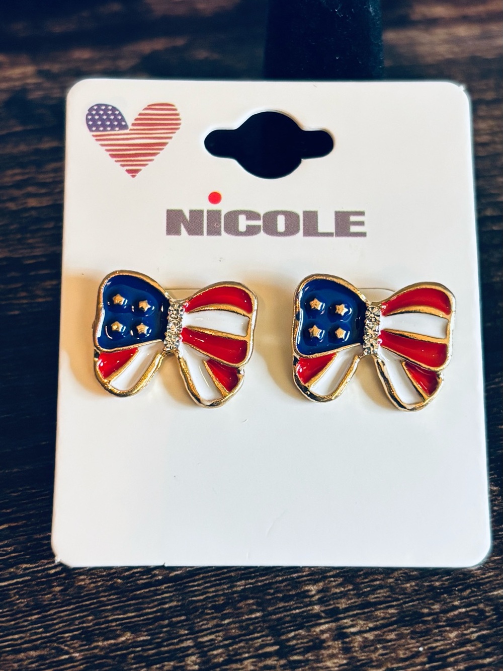 American Flag‎ Bow Stud Earrings - Red, White & Blue in Gold Tone